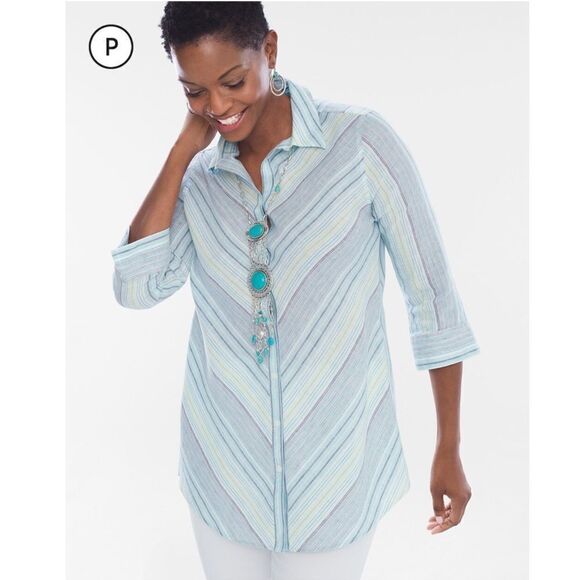 Chicos No Iron Striped 100% Linen Button Front Top Shirt Teal Blue White Size XL - Picture 1 of 10